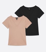 New Look 2 Pack Light Brown and Black V Neck T-Shirts